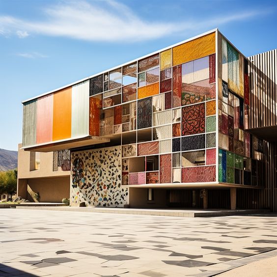 Modern building with colorful patchwork façade under a blue sky in an empty courtyard. Creative architecture design.