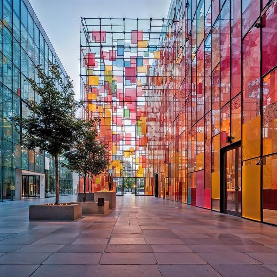 Modern architectural courtyard with colorful glass panels and trees in urban setting. Vibrant design, contemporary structure.