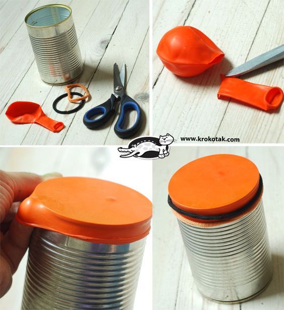 DIY project with a tin can, balloon, and scissors demonstrating how to make a simple lid for the can. Tutorial from krokotak.com.