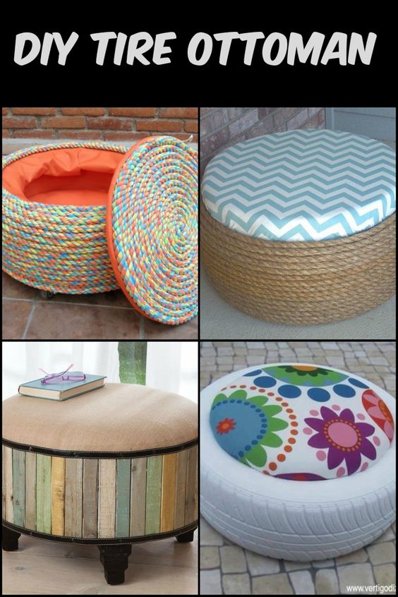 Four creative DIY tire ottomans: colorful woven, chevron pattern, rustic wood slats, and vibrant floral design. Eco-friendly furniture ideas.