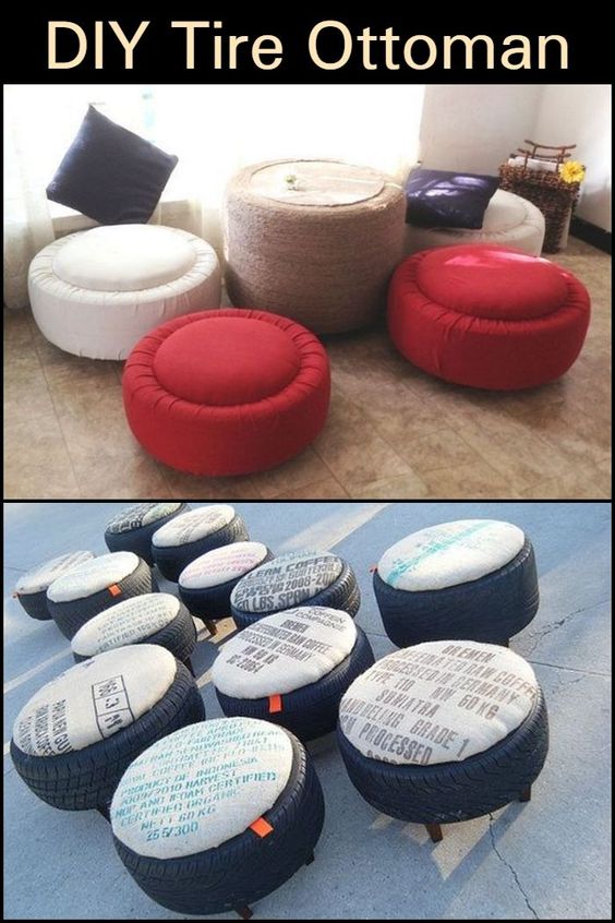 Colorful DIY tire ottomans in white, red, and rope-wrapped designs. Recycled tire stools with printed cushions. Creative home decor.