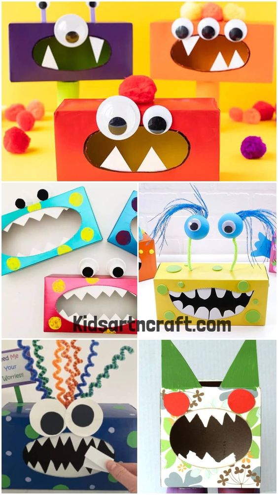 Colorful DIY monster crafts made from tissue boxes with googly eyes, great for kids' art projects.