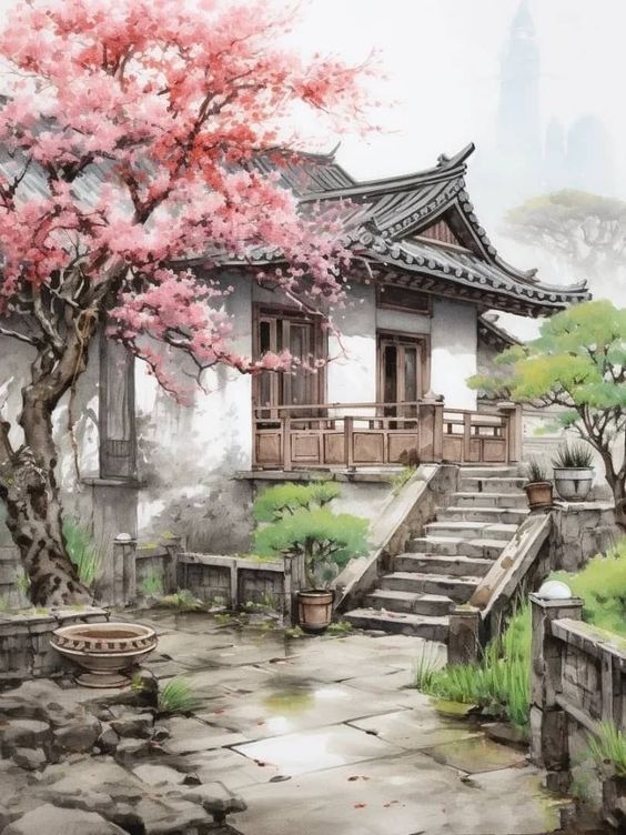 Tranquil Japanese garden with a traditional house, stone steps, blossoming cherry tree, and lush greenery.