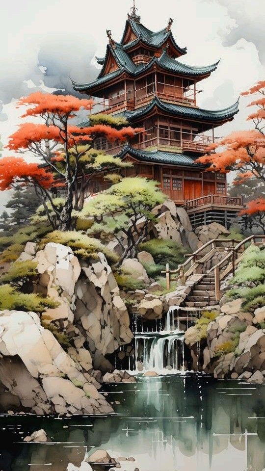 A traditional Japanese pagoda surrounded by vibrant autumn trees, rocky terrain, and a serene waterfall leading to a pond.