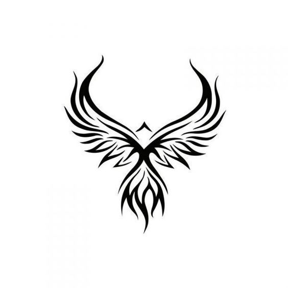 Black tribal phoenix tattoo design with outspread wings symbolizing rebirth and strength on a white background.