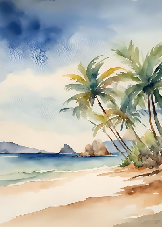 Watercolor beach scene with palm trees, ocean, and distant islands under a partly cloudy sky, capturing a tropical paradise.