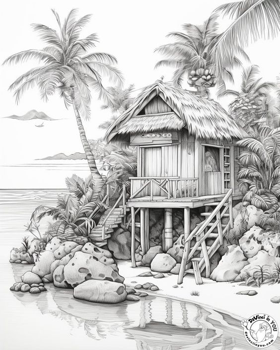 Black and white sketch of a tropical beach hut surrounded by palm trees, perched on rocks, with a serene ocean backdrop.