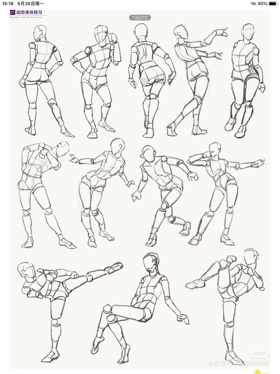 Sketches of human figures in various dynamic poses for drawing practice or animation reference.