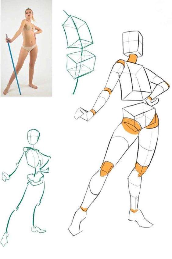 Figure drawing reference and construction sketch showing female pose with geometric shapes for anatomy practice.