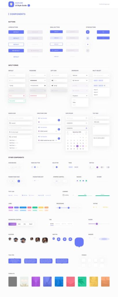 UI style guide showcasing buttons, input forms, date picker, checkboxes, radio buttons, loader, sliders, and various web components.