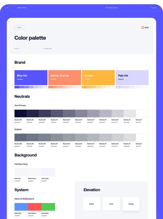 Color palette and design system showcasing brand colors (Blue Iris, Safety Orange, Amber, Pale Iris), neutrals, and background options.