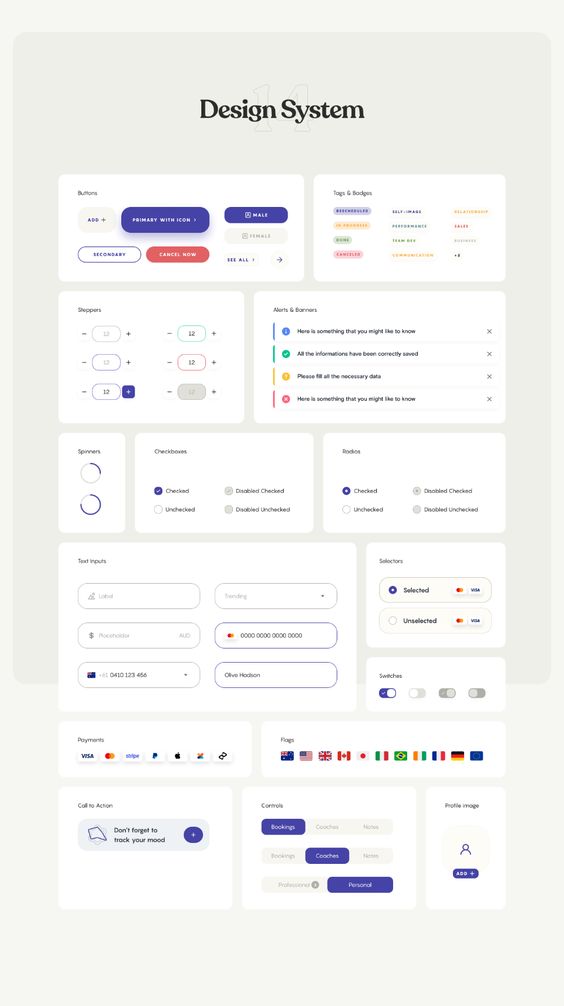 Design system interface with buttons, badges, steppers, alerts, spinners, checkboxes, radios, selectors, inputs, switches, flags, and controls.