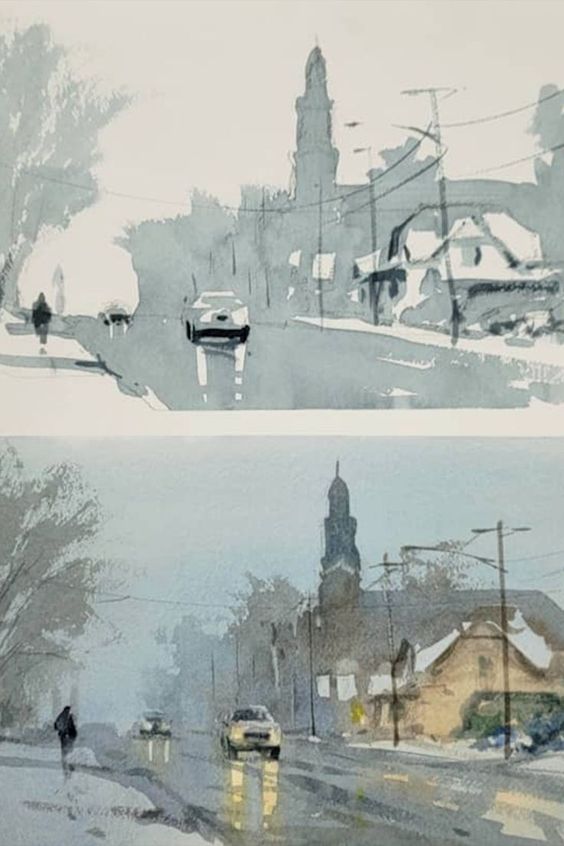 Watercolor paintings depicting overcast urban scenes with cars, a single pedestrian, and a tall building in the background.