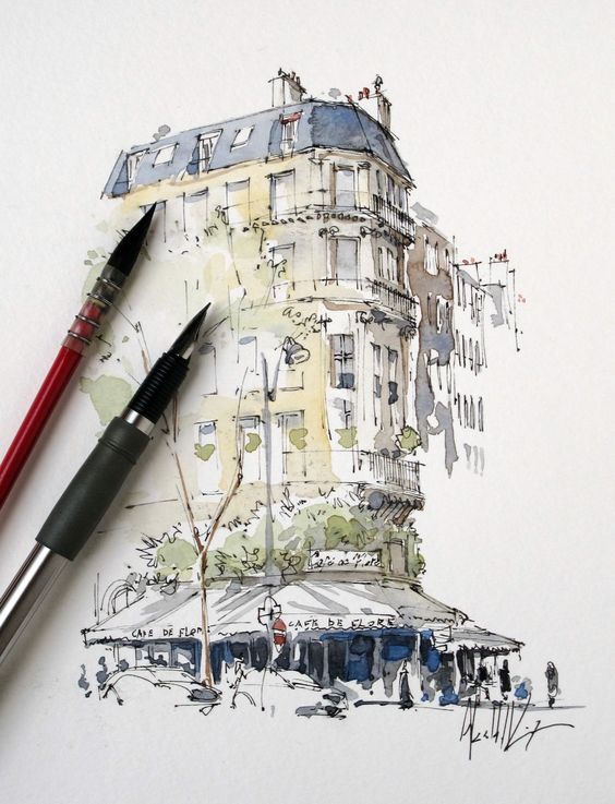 Watercolor sketch of a Parisian street corner with Café de Flore, surrounded by two artist brushes.