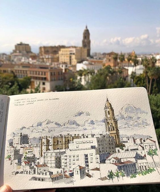 A sketchbook drawing of a cityscape matching the real city view, featuring a prominent tall bell tower.