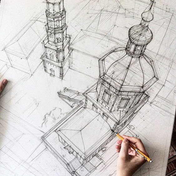 Architectural sketch of a church with domed roof and tower, drawn by hand on a large piece of paper.