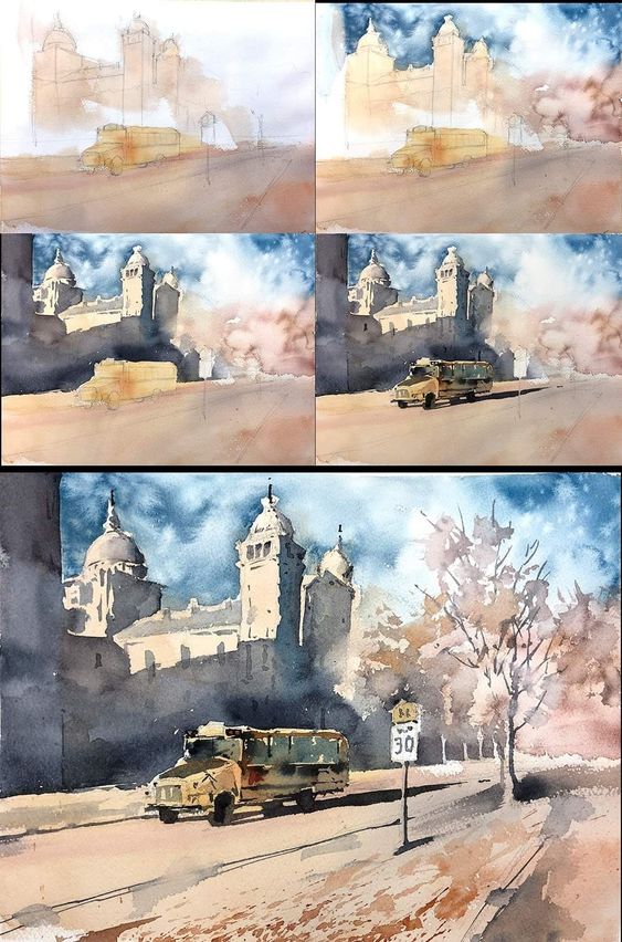 Step-by-step watercolor painting of a cityscape with a building, trees, and a bus.