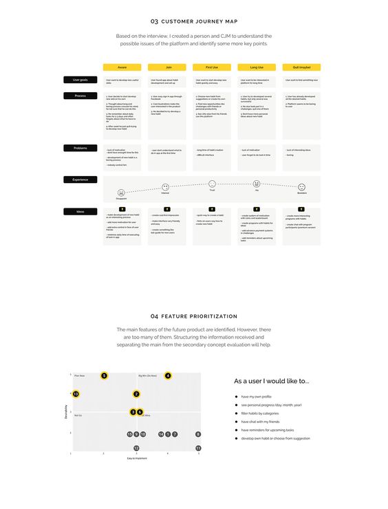 Customer Journey Map and Feature Prioritization chart illustrating user goals, processes, problems, experience, and main features.