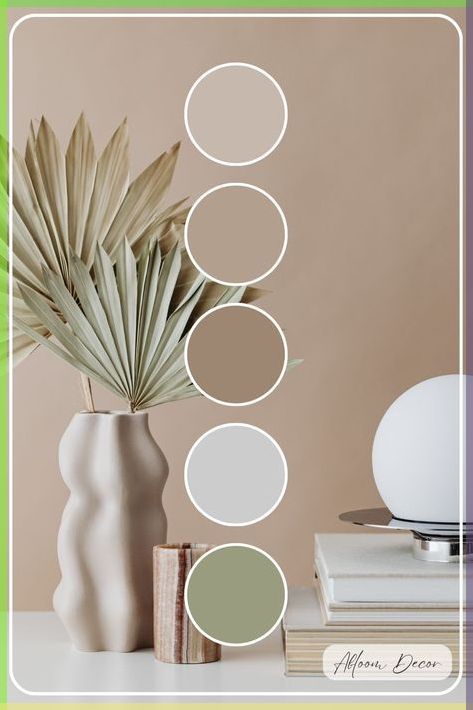 Minimalist decor with palm leaves in a wavy vase, a modern lamp, and neutral color palette circles.