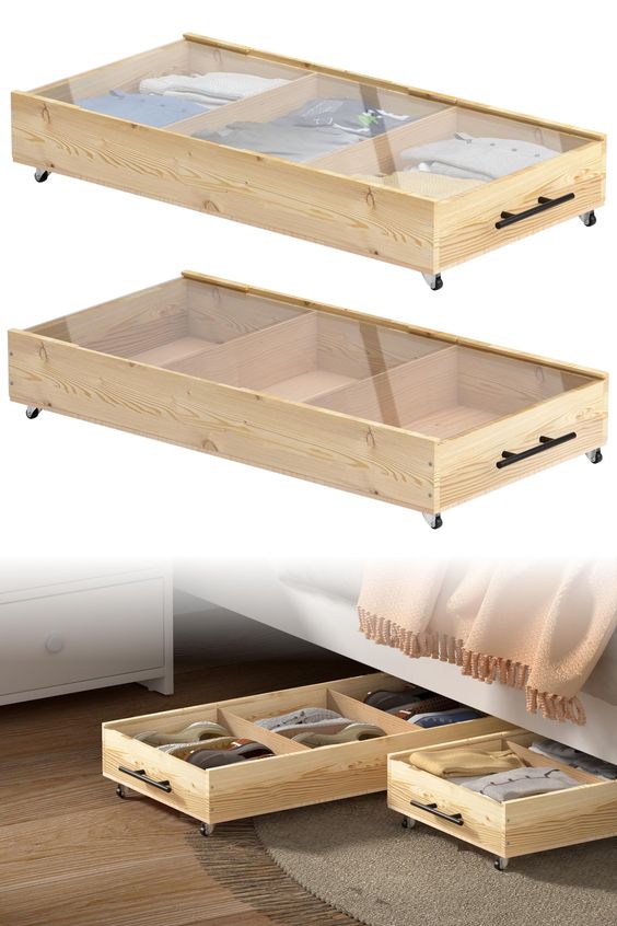 Wooden underbed storage drawers with handles and wheels, perfect for organizing clothing and maximizing bedroom space.