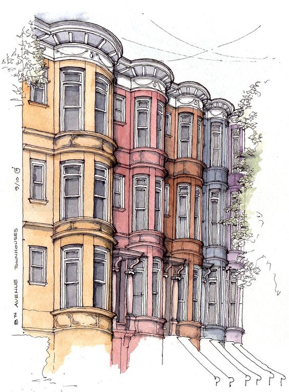 Illustrated row of multicolored townhouses with bay windows and intricate details, labeled 8th Avenue Townhouses.