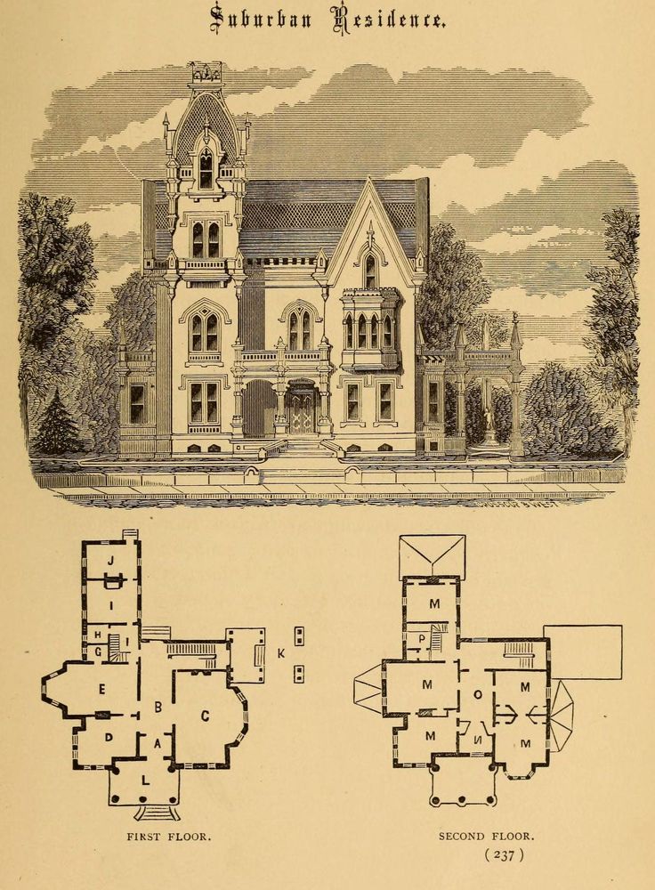 Vintage architectural drawing of a suburban residence with detailed first and second floor plans, labeled rooms.