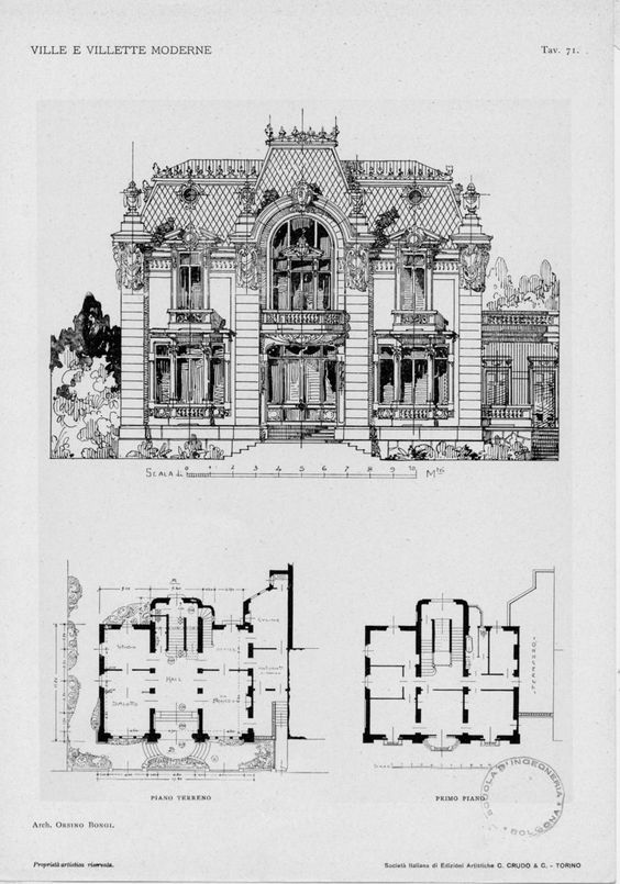 Architectural drawing of a modern villa with detailed exterior front view and floor plans, showcasing intricate design elements.