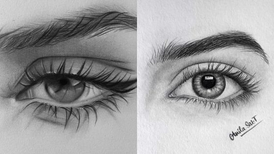 Detailed pencil drawings of a woman's eye with lashes (left) and a man's eye with thick eyebrows (right), both highly realistic.