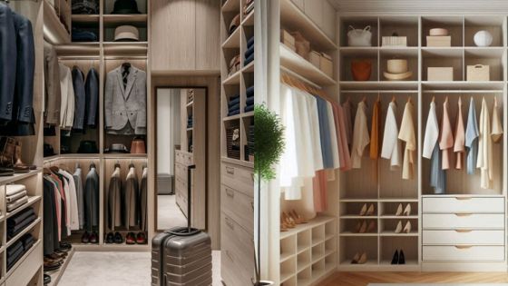 Modern walk-in closet featuring neatly organized clothes and accessories, with a suitcase in the center and ample lighting.