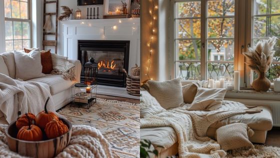 Cozy fall-themed living room with pumpkins, blankets, and a fireplace; warm autumnal decor with lights and comfy seating.