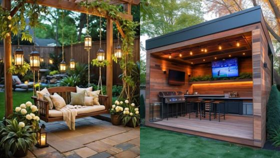 Outdoor patio with a cozy swing and a modern entertainment space featuring a TV, grill, and bar seating area.