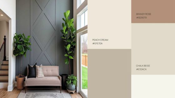 Modern living room with a gray accent wall, indoor plants, minimalist sofa, and neutral color palette including Peach Cream and Chalk Beige.