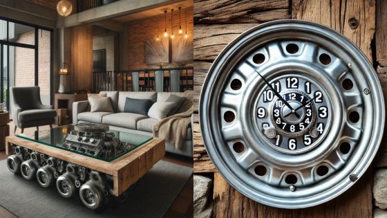 Industrial-style living room with unique engine coffee table and rustic wall clock made from metallic parts.