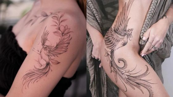 Elegant bird tattoos on arm and hip, featuring intricate designs with floral elements, showcasing artistic body art.