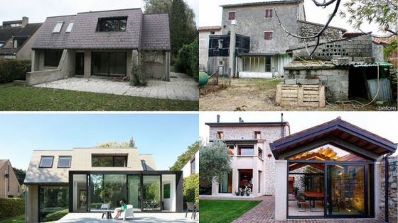 Modern home transformation: Before and After - Four images showcasing house renovations with significant improvements.