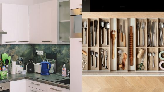 Modern kitchen with white cabinets, blue kettle, and organized utensil drawer with diverse kitchen tools.