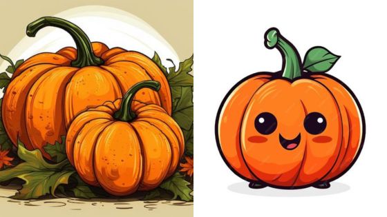 Illustration of realistic pumpkins beside a cute, animated pumpkin character with a happy face and green stem.