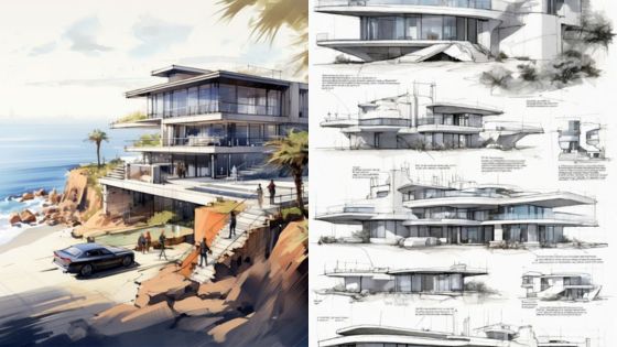 Modern luxury beachfront villa with view of ocean and detailed architectural designs sketched on paper.