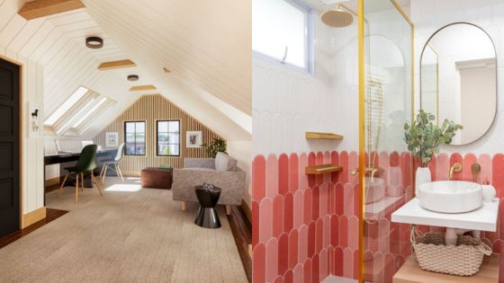 Stylish home interior with an attic living room and a modern pink and gold bathroom, featuring contemporary design elements.