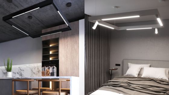 Modern kitchen and bedroom with stylish geometric pendant lights, minimalist decor, and contemporary design elements.