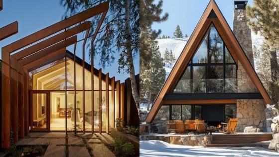 Modern architectural designs: minimalist home with large windows and A-frame cabin in a snowy forest, surrounded by trees.