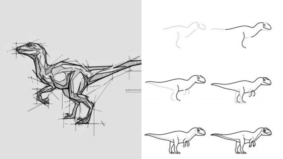 Illustrated dinosaur drawing process in six steps, showcasing the evolution from rough sketch to detailed Velociraptor illustration.