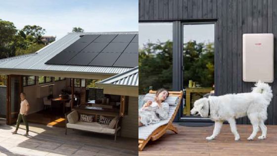 Modern home with solar panels and battery storage, woman walking outside; dog near lounge chairs and patio.