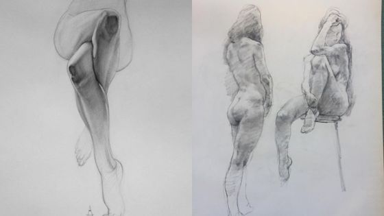 Sketches of nude human figures: one leg study on the left and two standing figures on the right, detailed and artistic.