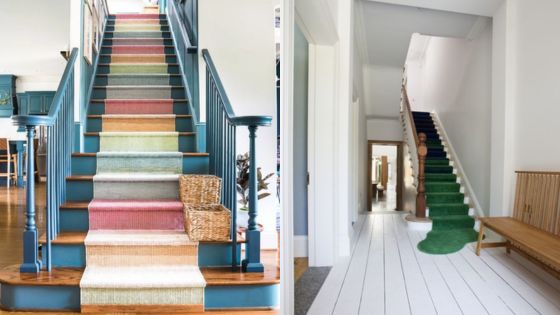 Two staircases with unique colorful carpeting; one with a rainbow carpet and basket, the other with a green grass-like runner.