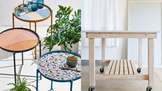 Colorful mosaic side tables by plants and a wooden rolling cart in a bright room with natural light. Ideal for home decor.