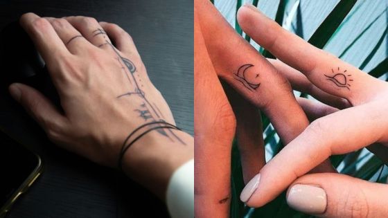 Minimalist line and shape tattoos on hands and fingers. Moon and sun tattoo designs. Trendy body art and tattoo inspiration.