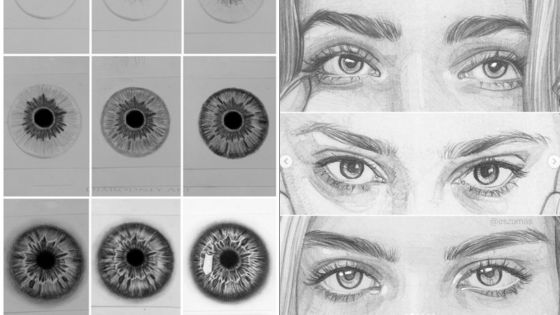 Detailed pencil drawings of eyes and irises showcase artistic progress in realism. Various stages of eye illustrations.