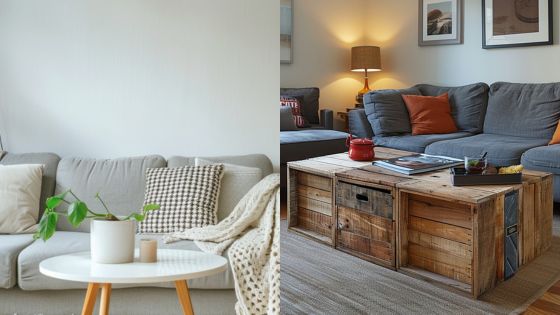 Modern living rooms with grey sofas. Left: Scandi-style with white table and plant. Right: Rustic wooden table, cozy decor.