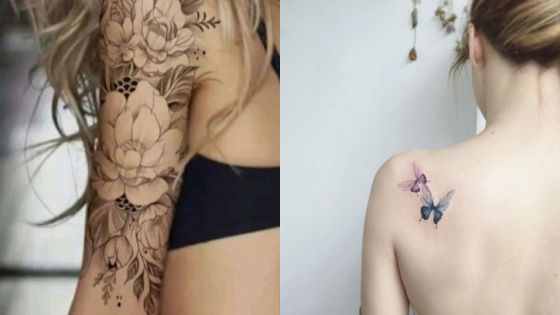 Two women with tattoos, one featuring a floral arm tattoo and the other with butterfly tattoos on her upper back.